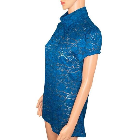 Express Sheer Lace Teal Blouse Short Sleeve Womens Size Large Stretchy High Neck - Picture 2 of 6